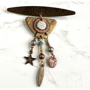 Artisan Celestial Pin Copper Brass Silver Star & Textured Charms Unique Handmade